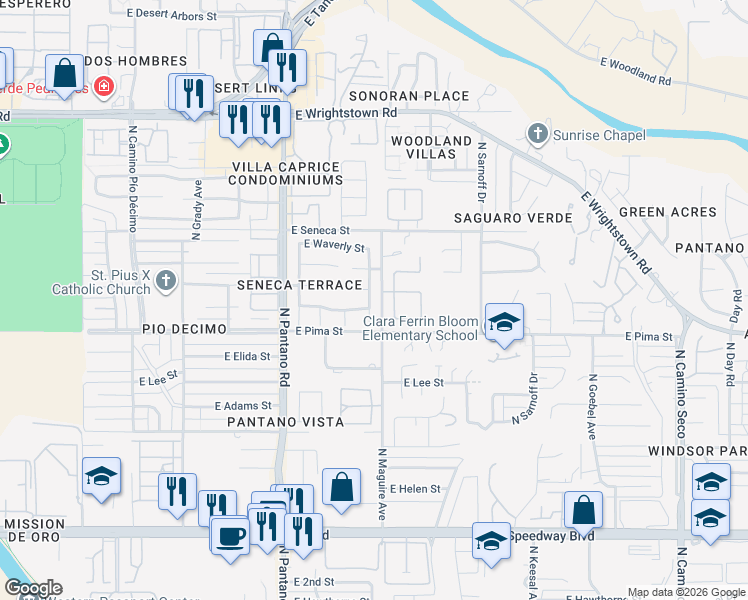 map of restaurants, bars, coffee shops, grocery stores, and more near 1790 North Hayden Drive in Tucson