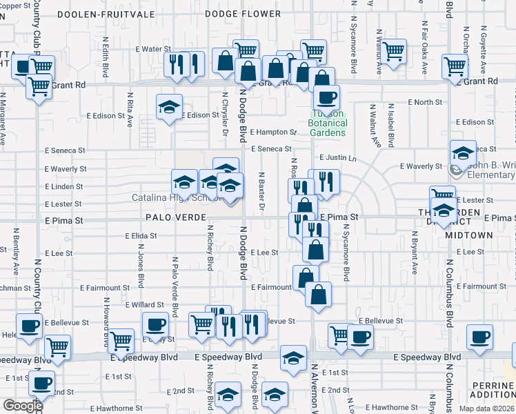 map of restaurants, bars, coffee shops, grocery stores, and more near 1717 North Baxter Drive in Tucson