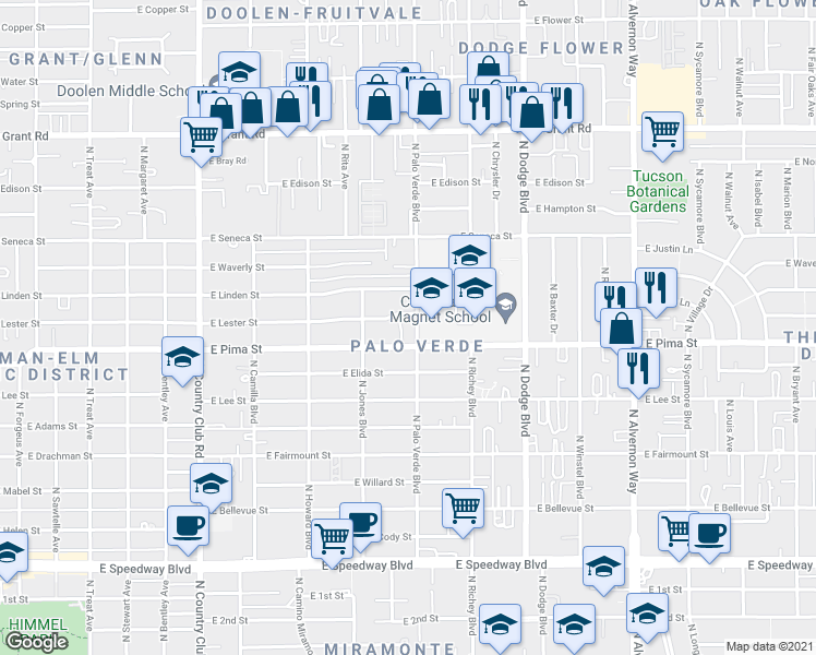 map of restaurants, bars, coffee shops, grocery stores, and more near 3444 East Lester Street in Tucson