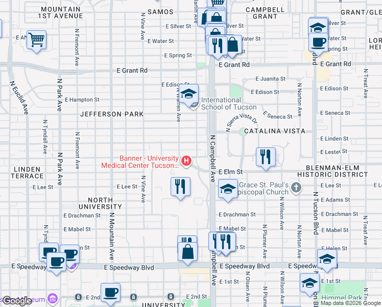 map of restaurants, bars, coffee shops, grocery stores, and more near 1727 East Lester Street in Tucson