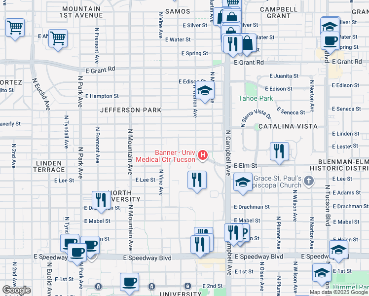 map of restaurants, bars, coffee shops, grocery stores, and more near 1625 East Lester Street in Tucson
