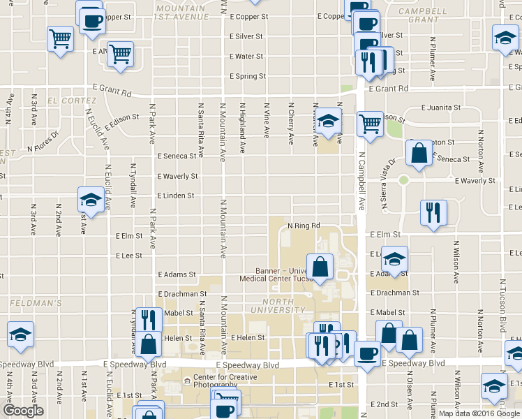map of restaurants, bars, coffee shops, grocery stores, and more near 1425 East Lester Street in Tucson