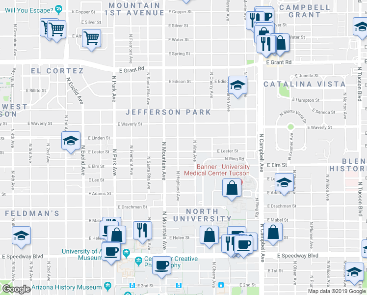 map of restaurants, bars, coffee shops, grocery stores, and more near 1425 East Lester Street in Tucson