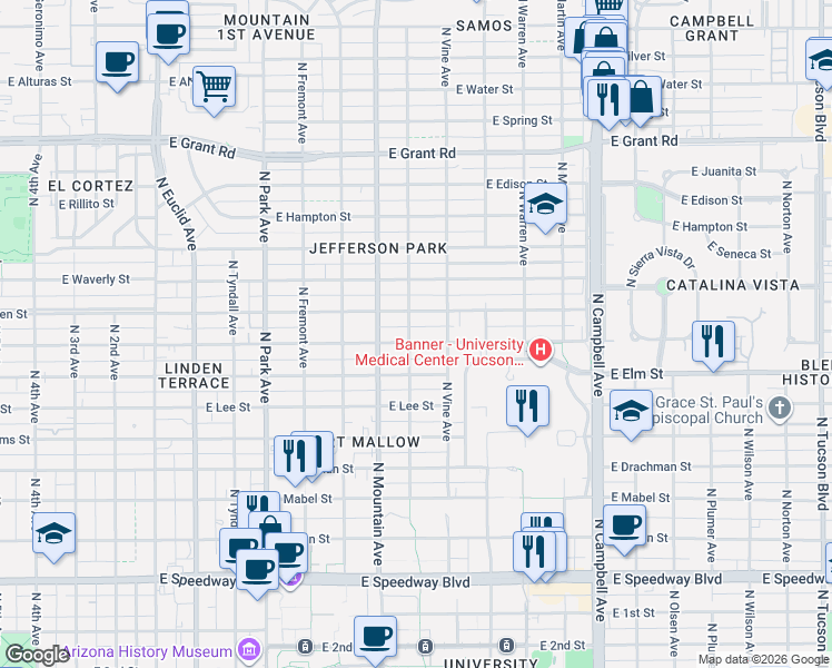 map of restaurants, bars, coffee shops, grocery stores, and more near 1425 East Lester Street in Tucson