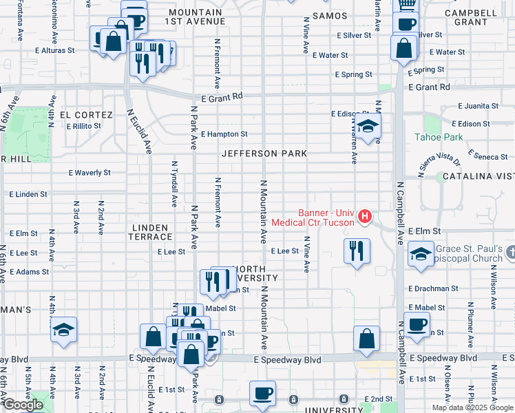 map of restaurants, bars, coffee shops, grocery stores, and more near 1818 North Santa Rita Avenue in Tucson