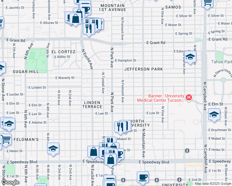 map of restaurants, bars, coffee shops, grocery stores, and more near 1804 North Park Avenue in Tucson