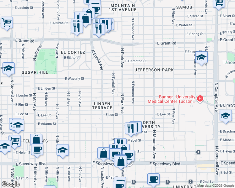 map of restaurants, bars, coffee shops, grocery stores, and more near 845 East Lester Street in Tucson