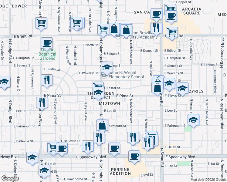 map of restaurants, bars, coffee shops, grocery stores, and more near 4399 East Pima Street in Tucson