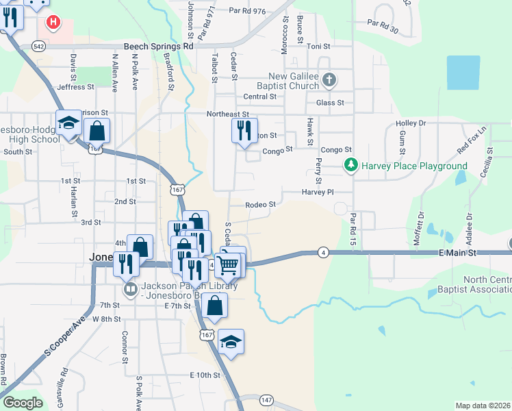map of restaurants, bars, coffee shops, grocery stores, and more near 100-198 Rodeo Street in Jonesboro