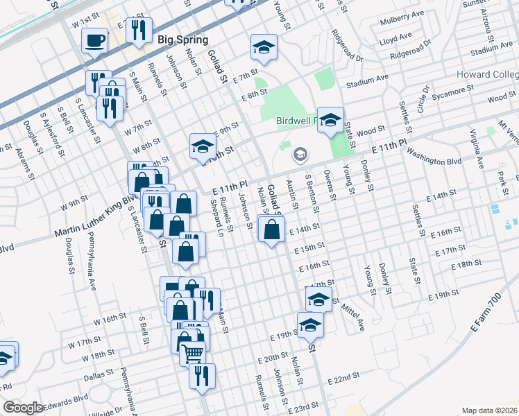 map of restaurants, bars, coffee shops, grocery stores, and more near 1204 Nolan Street in Big Spring