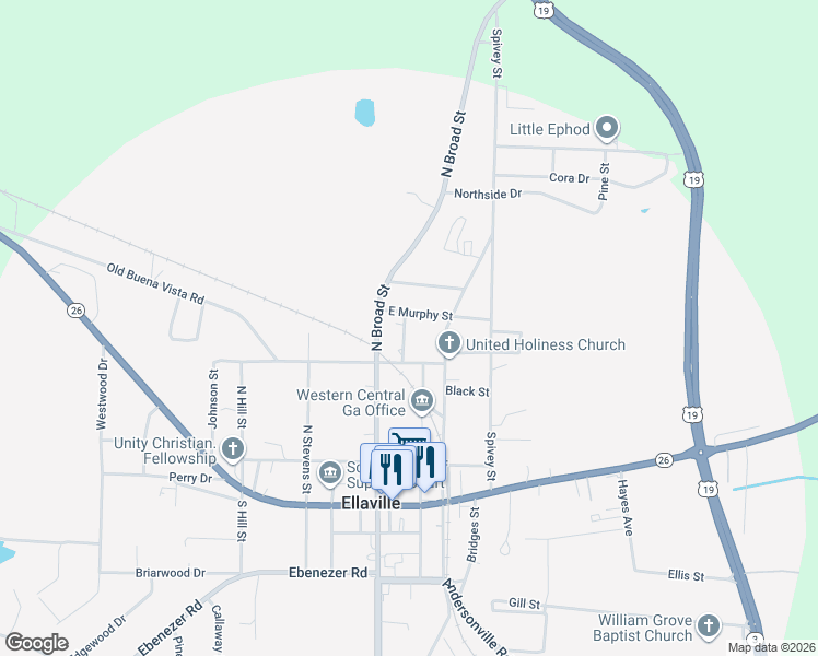 map of restaurants, bars, coffee shops, grocery stores, and more near 74 Sam Street in Ellaville