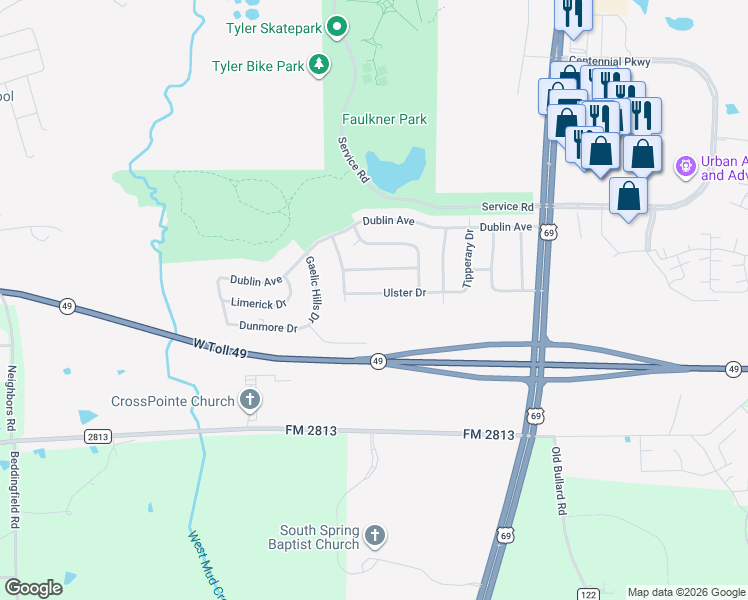 map of restaurants, bars, coffee shops, grocery stores, and more near 420 Ulster Drive in Tyler