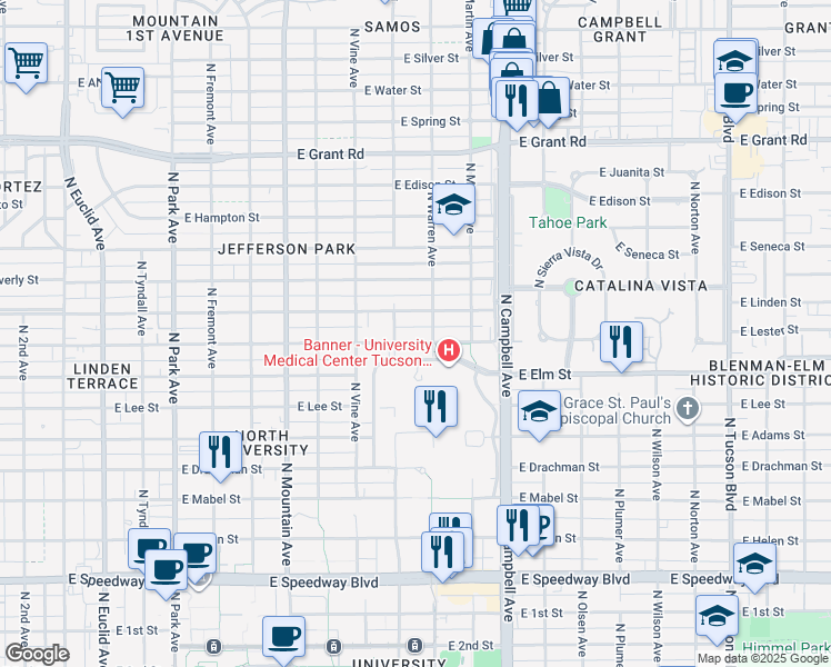 map of restaurants, bars, coffee shops, grocery stores, and more near 1625 East Lester Street in Tucson