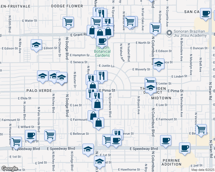 map of restaurants, bars, coffee shops, grocery stores, and more near 1723 North Village Drive in Tucson