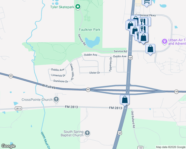 map of restaurants, bars, coffee shops, grocery stores, and more near 402 Ulster Drive in Tyler