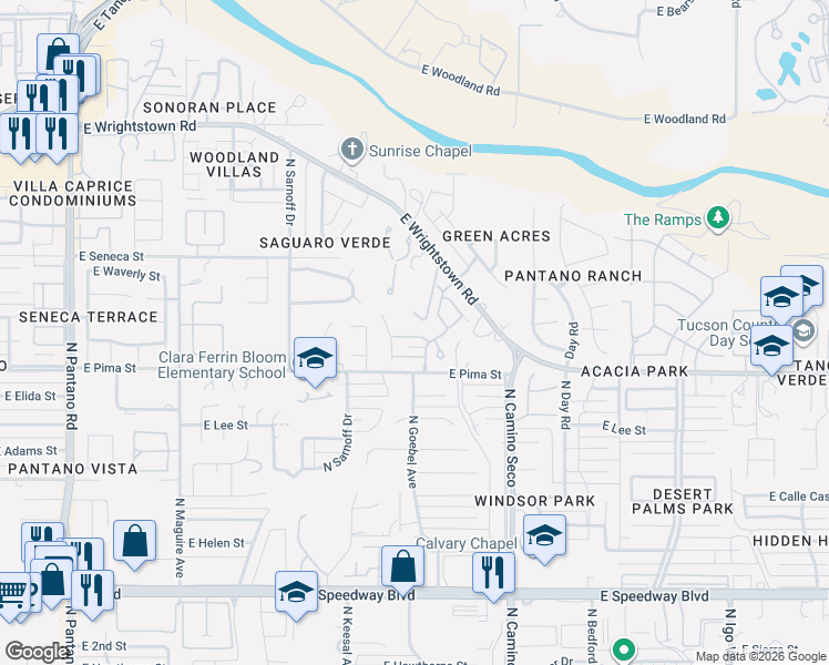 map of restaurants, bars, coffee shops, grocery stores, and more near 8513 East Haverhill Lane in Tucson