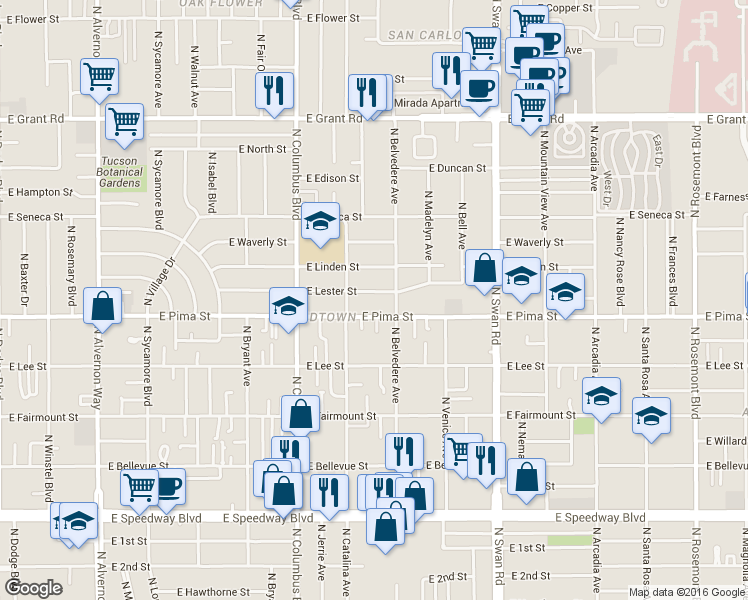 map of restaurants, bars, coffee shops, grocery stores, and more near 4442 East Lester Street in Tucson