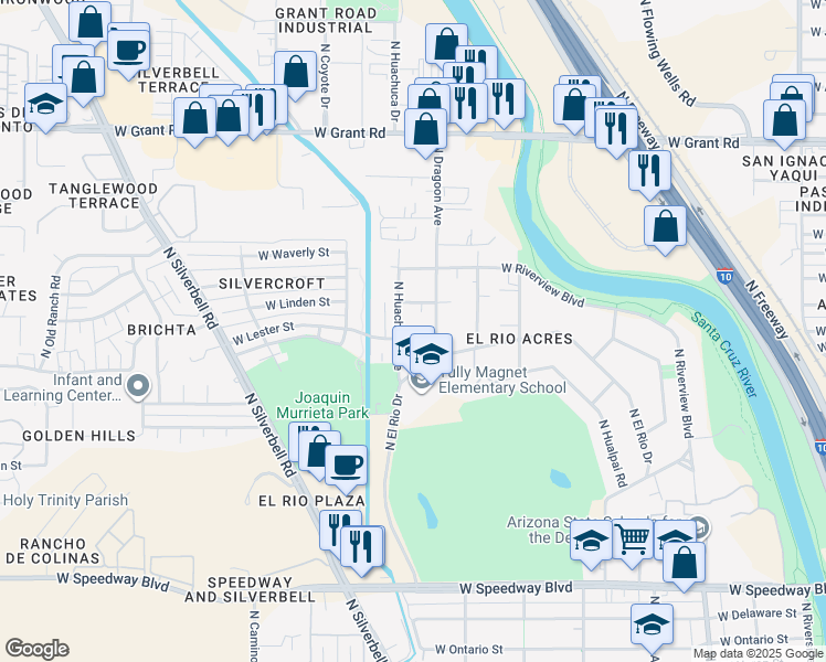 map of restaurants, bars, coffee shops, grocery stores, and more near 1740 West Lester Street in Tucson