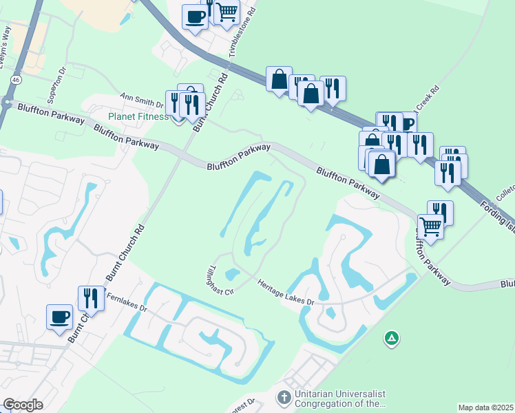 map of restaurants, bars, coffee shops, grocery stores, and more near 28 Ferebee Court in Bluffton