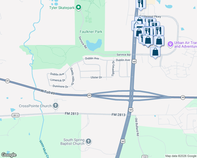 map of restaurants, bars, coffee shops, grocery stores, and more near 402 Ulster Drive in Tyler