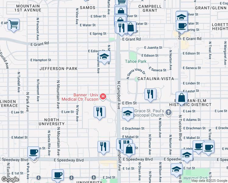 map of restaurants, bars, coffee shops, grocery stores, and more near 1801 North Campbell Avenue in Tucson