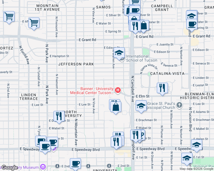 map of restaurants, bars, coffee shops, grocery stores, and more near 1625 East Lester Street in Tucson
