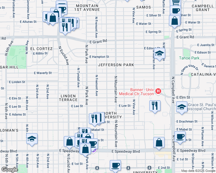 map of restaurants, bars, coffee shops, grocery stores, and more near 1818 North Santa Rita Avenue in Tucson