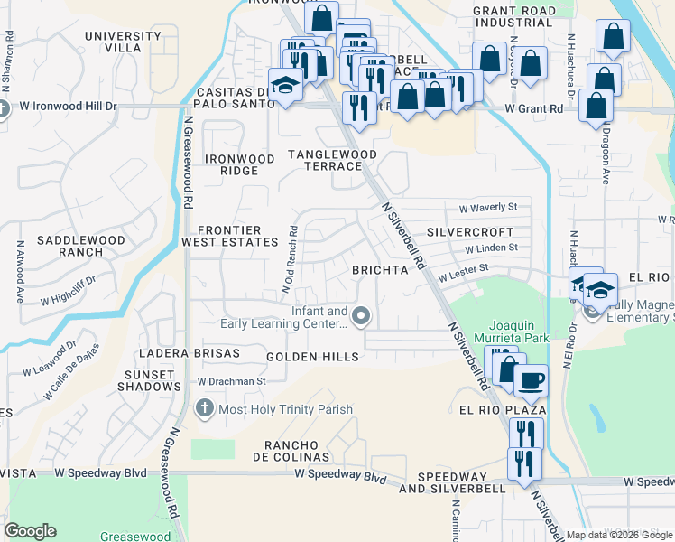 map of restaurants, bars, coffee shops, grocery stores, and more near 2151 West Wagon Wheels Drive in Tucson