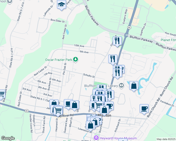 map of restaurants, bars, coffee shops, grocery stores, and more near 81 Schults Street in Bluffton