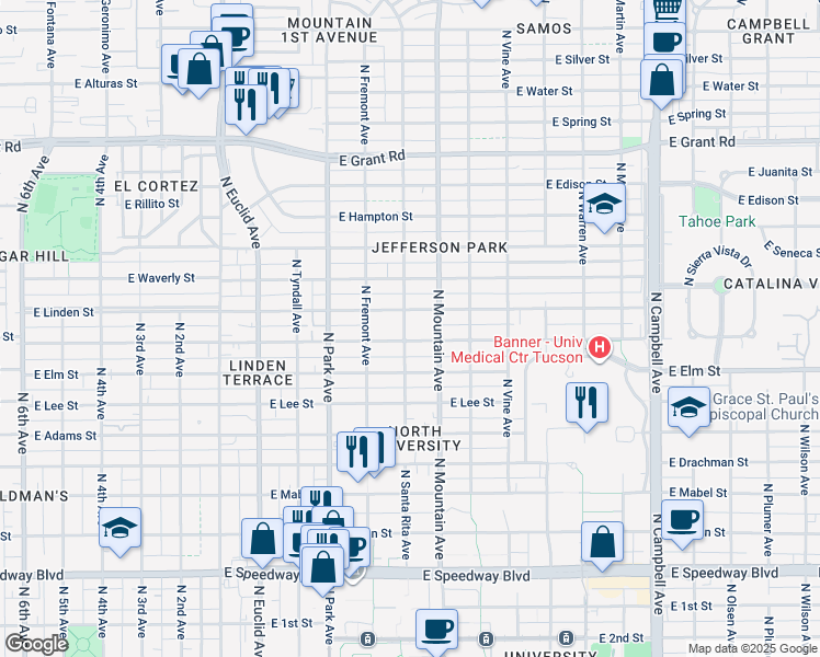 map of restaurants, bars, coffee shops, grocery stores, and more near 1818 North Santa Rita Avenue in Tucson