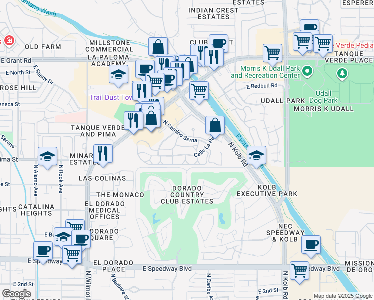 map of restaurants, bars, coffee shops, grocery stores, and more near 6665 Calle La Paz in Tucson