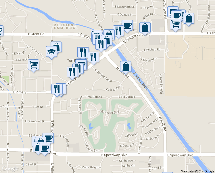 map of restaurants, bars, coffee shops, grocery stores, and more near 6665 Calle La Paz in Tucson