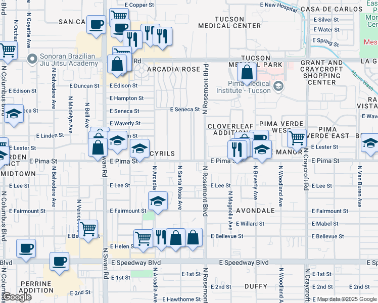 map of restaurants, bars, coffee shops, grocery stores, and more near 1726 North Santa Rosa Avenue in Tucson