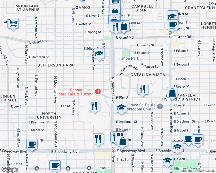 map of restaurants, bars, coffee shops, grocery stores, and more near in Tucson