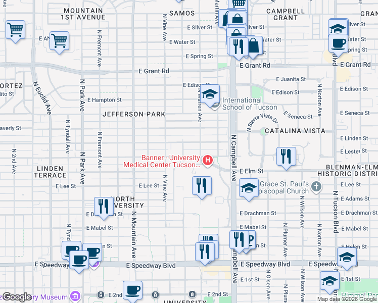 map of restaurants, bars, coffee shops, grocery stores, and more near 1625 East Lester Street in Tucson
