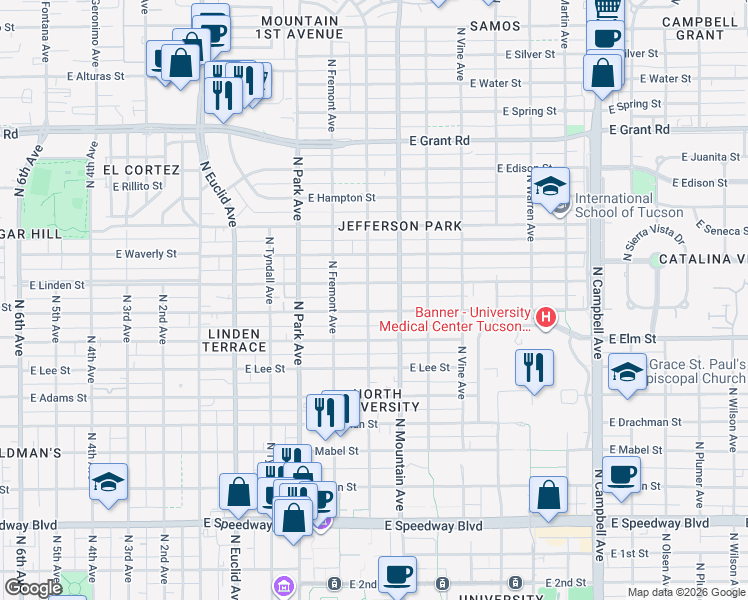 map of restaurants, bars, coffee shops, grocery stores, and more near 1818 North Santa Rita Avenue in Tucson