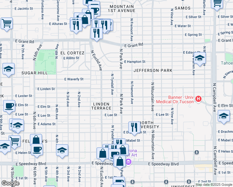 map of restaurants, bars, coffee shops, grocery stores, and more near 845 East Lester Street in Tucson