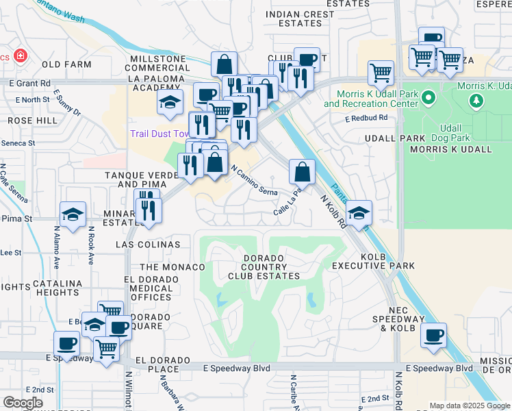 map of restaurants, bars, coffee shops, grocery stores, and more near 6673 Calle La Paz in Tucson