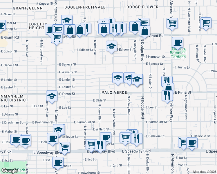 map of restaurants, bars, coffee shops, grocery stores, and more near 3444 East Lester Street in Tucson