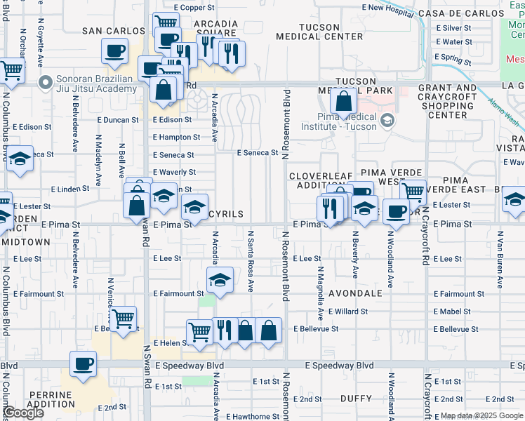 map of restaurants, bars, coffee shops, grocery stores, and more near 1726 North Santa Rosa Avenue in Tucson