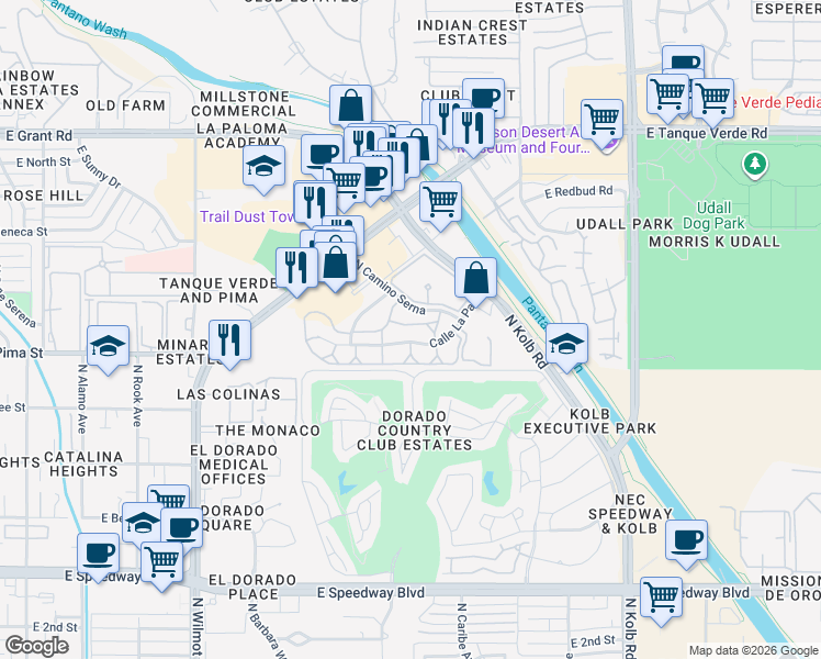 map of restaurants, bars, coffee shops, grocery stores, and more near 6665 Calle La Paz in Tucson