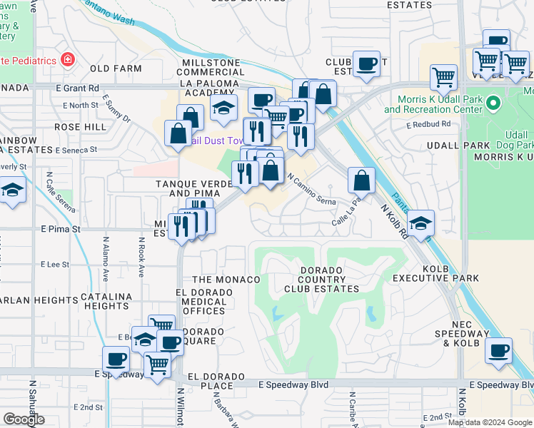 map of restaurants, bars, coffee shops, grocery stores, and more near 6557 Calle La Paz in Tucson