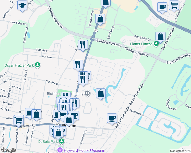 map of restaurants, bars, coffee shops, grocery stores, and more near 330 Shady Glen Circle in Bluffton