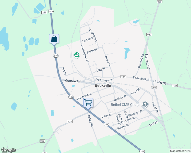 map of restaurants, bars, coffee shops, grocery stores, and more near 127 Van Buren Street in Beckville