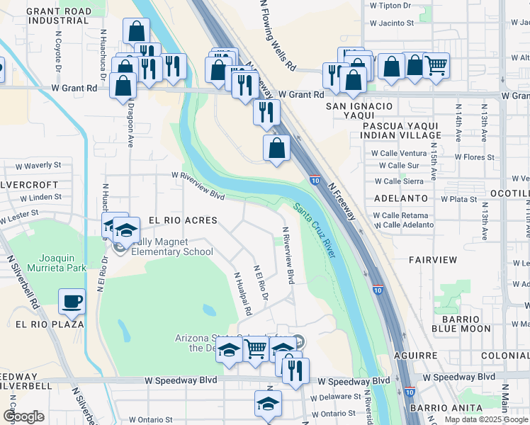 map of restaurants, bars, coffee shops, grocery stores, and more near 1319 West Riverview Boulevard in Tucson