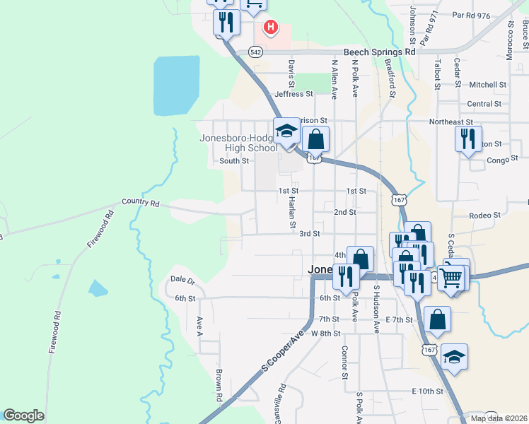 map of restaurants, bars, coffee shops, grocery stores, and more near 104 Peevy Street in Jonesboro