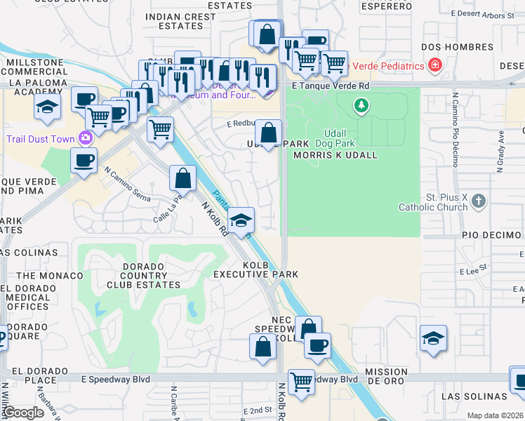map of restaurants, bars, coffee shops, grocery stores, and more near 7031 East Cam Tenerife in Tucson