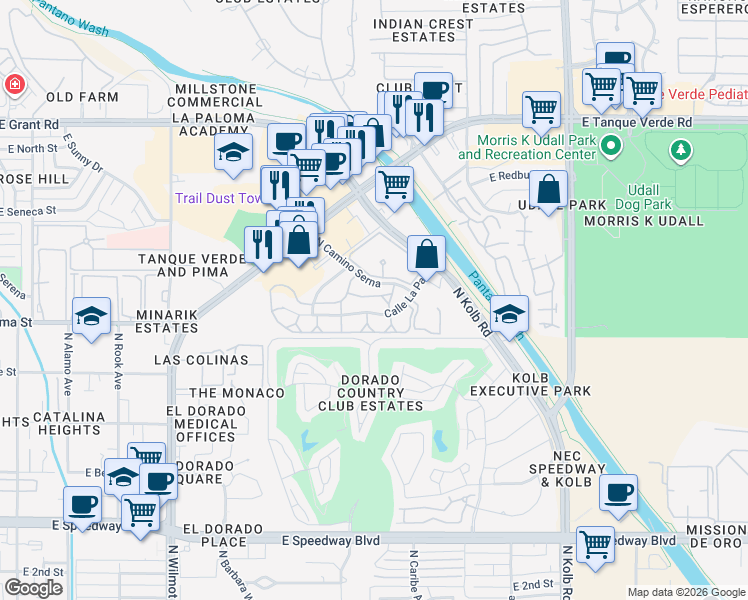 map of restaurants, bars, coffee shops, grocery stores, and more near 6755 Calle La Paz in Tucson