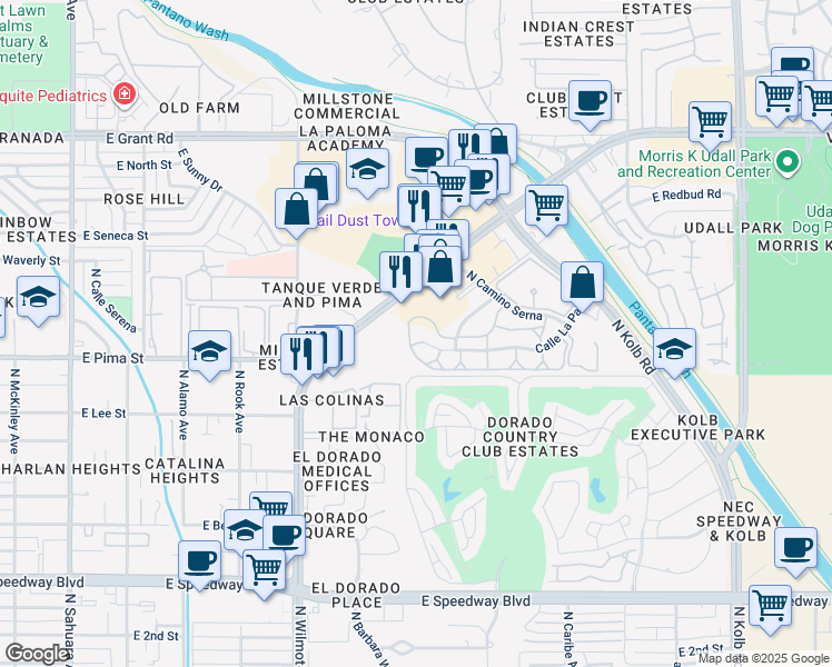map of restaurants, bars, coffee shops, grocery stores, and more near 6557 Calle La Paz in Tucson