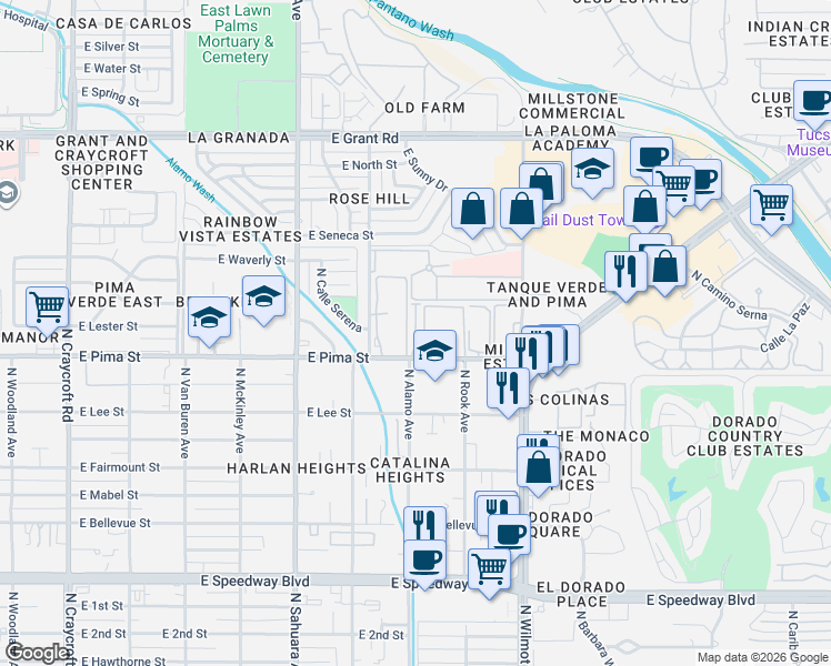 map of restaurants, bars, coffee shops, grocery stores, and more near 6119 East Pima Street in Tucson